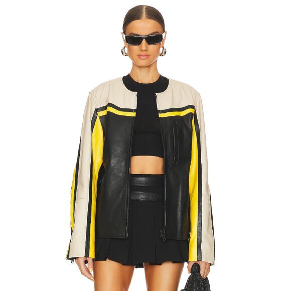 Deadwood Revolve Women Racer Leather Jacket Moto Biker Bright Black White Yellow - Picture 2 of 8